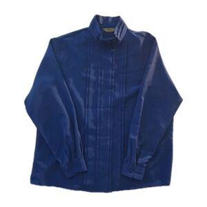 Vintage Blue Long Sleeve Hill Archer Pleated High Collar Blouse - Size 18